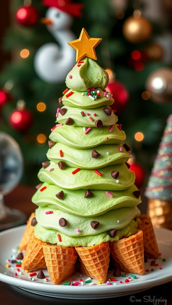 A festive Ice Cream Christmas Tree decorated with sprinkles and chocolate, with a waffle cone trunk.